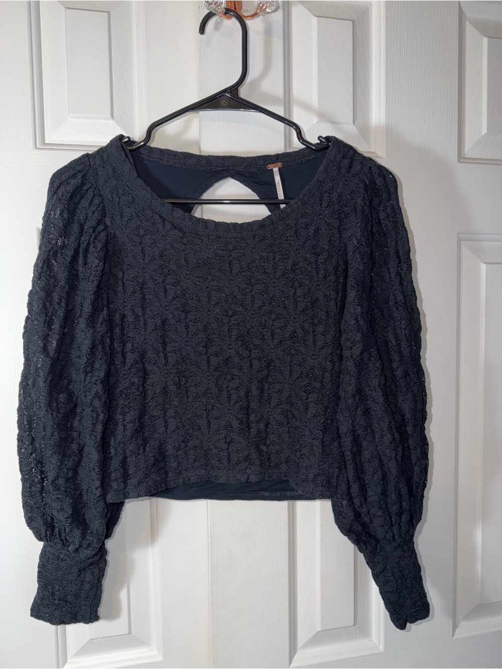 Free People Black Lace Puff-Sleeve Cropped Blouse